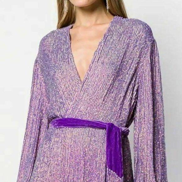 NEW NWT $615 Retrofete Audrey Midi Dress Sz Medium Wrap Iridescent Sequin Belt - Picture 4 of 10